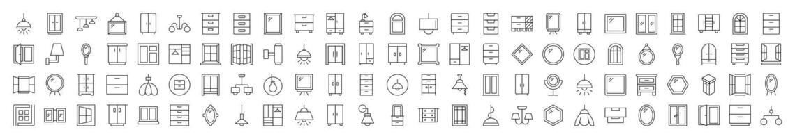 Window, Lamp, Mirror, Dresser, Chandelier Collection of Thin Icons. Editable Stroke. Suitable for Web Sites, Books, Cards, Apps vector