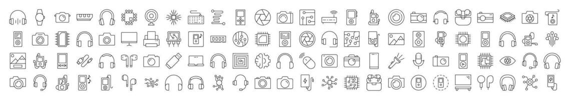 Sound and Line Icon Set. Modern Collection for Design, Web Sites, Apps, Cards. Contains Linear Images of Chip, Headphones, Camera, Memory Card vector