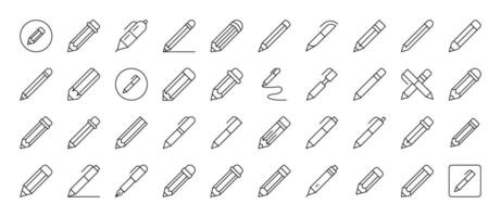 Bundle of Line Icons of Pen and Pencil. Editable Stroke. Minimalistic Linear Pictogram for Design of Cards, Apps, Banners, Posts vector