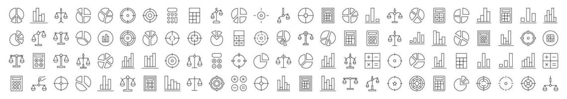 Collection of Line Icons of Scales, Target, Calculator, Diagram, Business. Editable Stroke. Minimalistic Linear Pictogram for Design of Cards, Apps, Banners, Posts vector