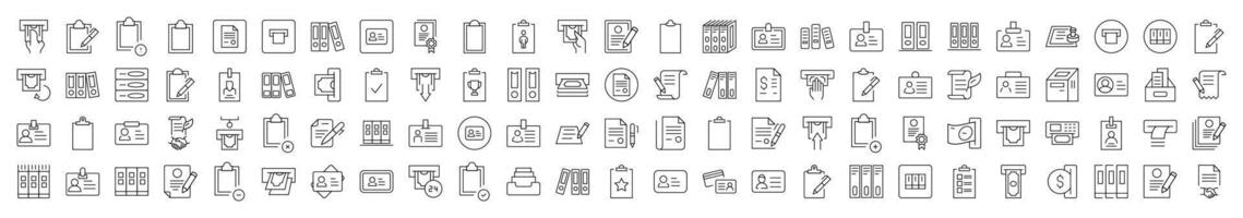 Pack of Line Icons of Employee Badge, Documents, Clipboard, ID Card. Editable Stroke. Minimalistic Linear Pictogram for Design of Cards, Apps, Banners, Posts vector