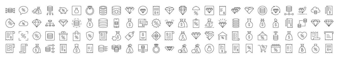 Dollar, Receipt, Diamond, Percent Line Icon Bundle. Editable Stroke. Minimalistic Linear Pictogram for Design of Cards, Apps, Banners, Posts vector