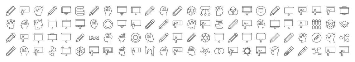 Presentation, Brainstorm, Pencil, Diagram Line Icon Collection. Editable Stroke. Minimalistic Linear Pictogram for Design of Cards, Apps, Banners, Posts vector
