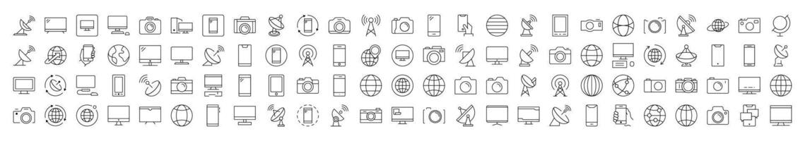 Pack of Line Icons of Photo Camera, Globe, Computer, Radio Locator, Phone. Editable Stroke. Minimalistic Linear Pictogram for Design of Cards, Apps, Banners, Posts vector