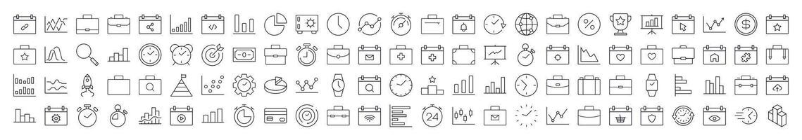 Business Line Icon Pack. Modern Collection for Design, Web Sites, Apps, Cards. Contains Linear Images of Briefcase, Clock, Startup, Analyzing, Management vector