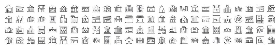 Pack of Various Houses and Constructions Related Line Icons. Editable Stroke for Design, Web Sites, Apps, Cards. Contains Linear Images of Apartment Buildings, Banks, Stores, Hospitals vector