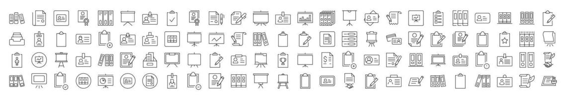 Line Icon Set of Documents. Contains Icons of Presentation Board, Clipboard, Contract that Can Be Used for Design of Cards, Posts, Apps, Web Sites vector