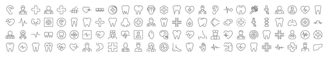 Medical Cross, Doctor, Tooth, Internal Organs, Clinic Line Icon Bundle. Editable Stroke. Minimalistic Linear Pictogram for Design of Cards, Apps, Banners, Posts vector