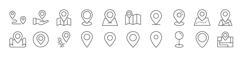 Map Pin Outline Web Line Icons Collection. Editable Stroke. Minimalistic Linear Pictogram for Design of Cards, Apps, Banners, Posts vector