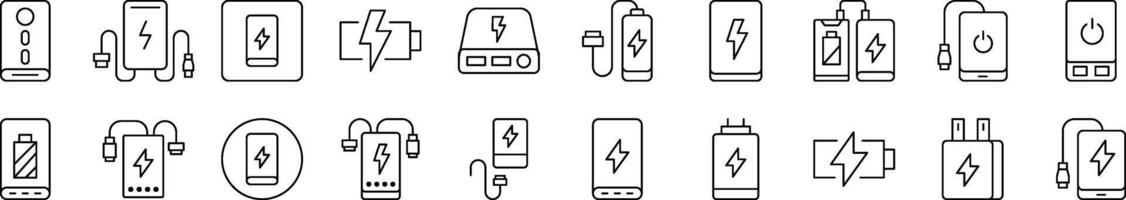 Energy, Charger, Battery Outline Web Line Icons Collection. Editable Stroke. Minimalistic Linear Pictogram for Design of Cards, Apps, Banners, Posts vector