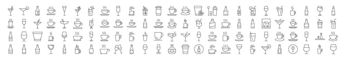 Set of Line Icons of Coffee, Soft Drinks, Alcoholic Beverages. Editable Stroke. Minimalistic Linear Pictogram for Design of Cards, Apps, Banners, Posts vector