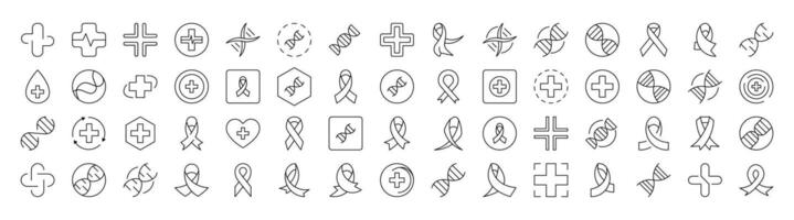 Collection of Outline Signs of Medical Cross, Pink Ribbon, DNA Drawn with Thin Line for apps, web sites, banners, infographics and other types of design vector