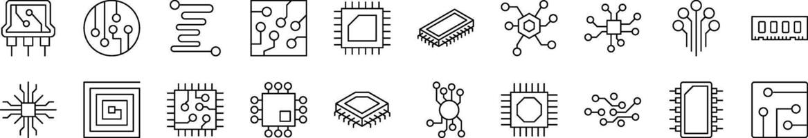 Collection of Line Icons of Chip and Scheme. Editable Stroke. Minimalistic Linear Pictogram for Design of Cards, Apps, Banners, Posts vector