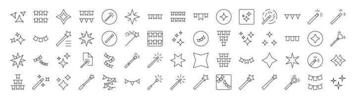 Holiday Line Icon Pack. Modern Collection for Design, Web Sites, Apps, Cards. Contains Linear Images of Magic Wand, Garlands, Sparkles vector