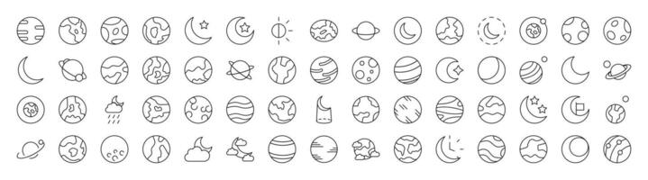 Space Line Icon Pack. Modern Collection for Design, Web Sites, Apps, Cards. Contains Linear Images of Various Planets vector
