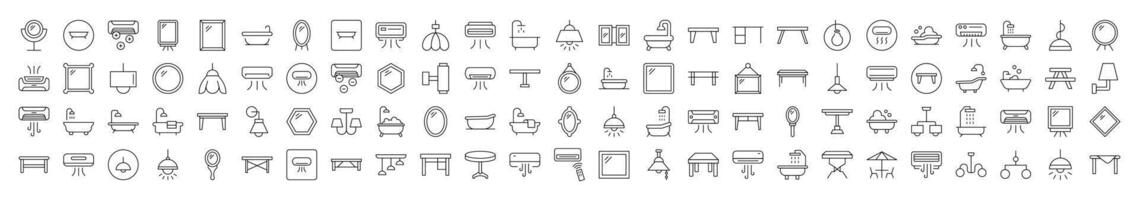 Interior Icon Set. Contains Icons of Conditioner, Mirror, Table, Lamp, Chandelier, Bathroom that Can Be Used for Design of Cards, Posts, Apps, Web Sites vector