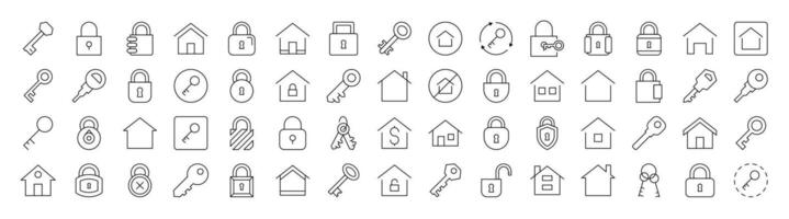Pack of Real Estate Related Line Icons. Editable Stroke for Design, Web Sites, Apps, Cards. Contains Linear Images of House and Key vector