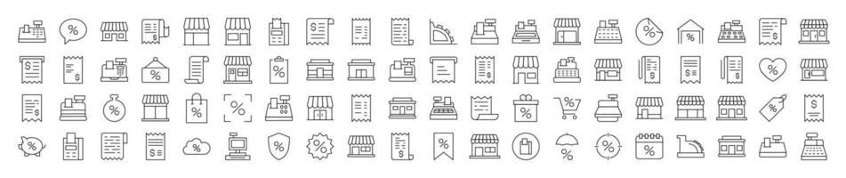 Shopping Outline Simple Icons Bundle. Contains Icons of Store, Receipt, Cash Register that Can Be Used for Design of Cards, Posts, Apps, Web Sites vector