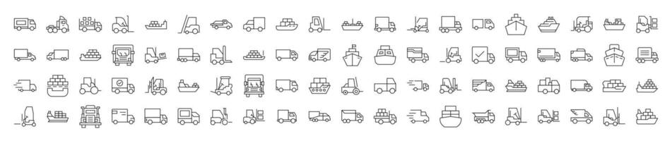 Collection of Line Icons of Ship, Van, Tractor. Editable Stroke. Minimalistic Linear Pictogram for Design of Cards, Apps, Banners, Posts vector