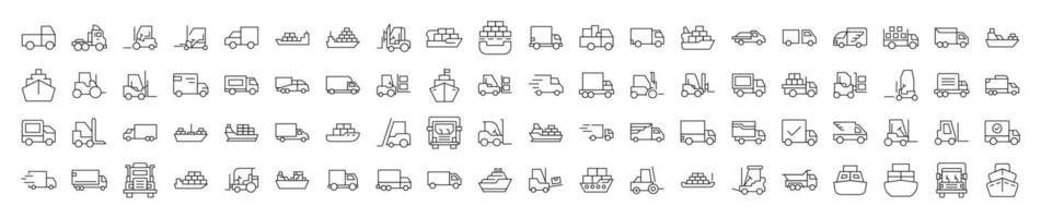 Ship, Van, Tractor Line Icon Bundle. Editable Stroke. Minimalistic Linear Pictogram for Design of Cards, Apps, Banners, Posts vector