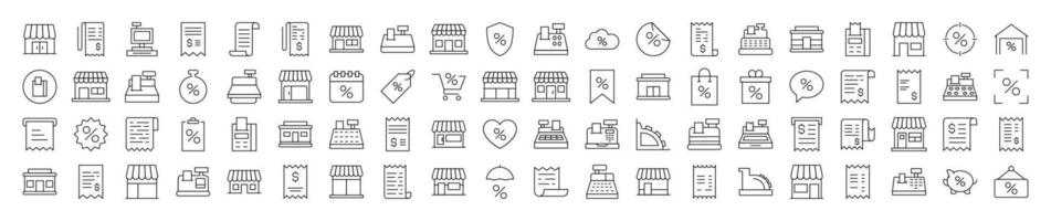 Minimalistic Linear Illustrations of Shopping. Contains Icons of Store, Receipt, Cash Register that Can Be Used for Design of Cards, Posts, Apps, Web Sites vector