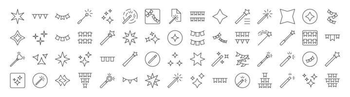 Holiday Line Icon Bundle. Modern Collection for Design, Web Sites, Apps, Cards. Contains Linear Images of Magic Wand, Garlands, Sparkles vector