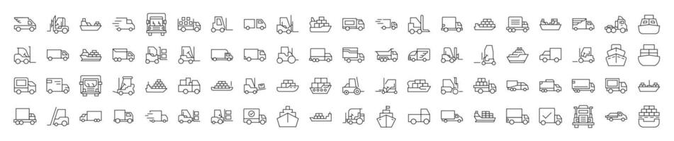 Ship, Van, Tractor Outline Web Line Icons Collection. Editable Stroke. Minimalistic Linear Pictogram for Design of Cards, Apps, Banners, Posts vector
