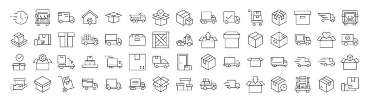 Delivery Line Icon Collection. Modern Collection for Design, Web Sites, Apps, Cards. Contains Linear Images of Boxes and Vans vector