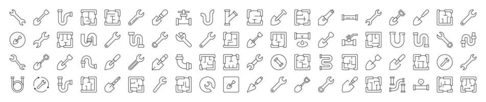 Repair and Renovation Line Icon Collection. Modern Collection for Design, Web Sites, Apps, Cards. Contains Linear Images of Floor Plan, Shovel, Spanner, Pipe vector