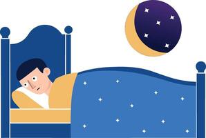 Young man unable to sleep lying awake and thinking with eyes open at night in bedroom. Insomnia illustration vector