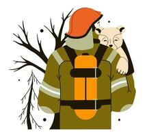 Smiling male firefighter hold cat in hands save pet from danger. Happy fireman rescue kitten from fire. illustration. vector