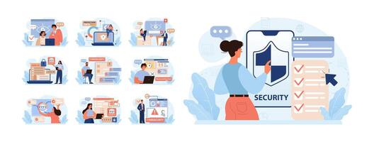 Cyber or web security set. Artificial intelligence provide data protection vector