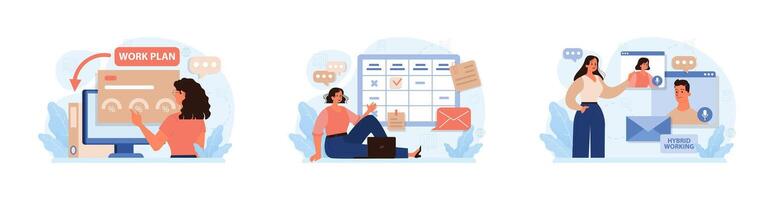 Hybrid work set. Characters with a flexible schedule, working from office vector