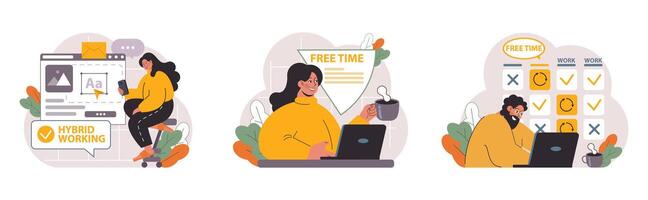 Hybrid work set. Characters with a flexible schedule, working from office vector