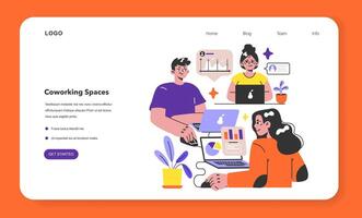 Coworking space web banner or landing page. Shared working environment. vector