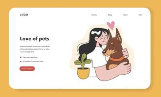Character with a dog web banner or landing page. Happy woman and puppy vector