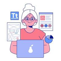 Senior developer. Old woman programming and coding. Developing vector