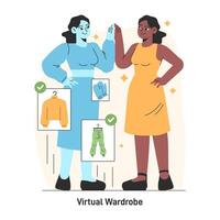 Virtual wardrobe. Character collect sets of clothes online, making digital vector