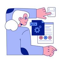Senior developer. Old woman programming and coding. Developing vector