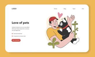 Character with a dog web banner or landing page. Happy man and pet vector