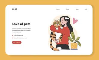 Character with a cat web banner or landing page. Happy woman and kitten vector