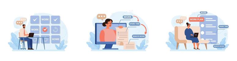 Hybrid work set. Characters with a flexible schedule, working from office vector