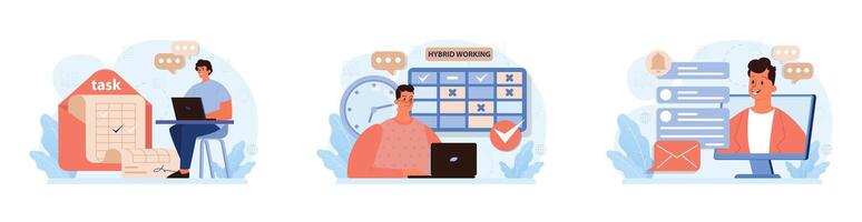 Hybrid work set. Characters with a flexible schedule, working from office vector