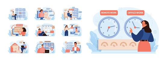 Hybrid work set. Characters with a flexible schedule, working from office vector