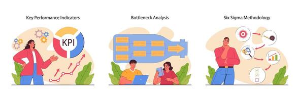 Business processes optimization set. Productive employee with efficient vector
