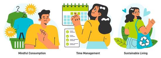 Minimalist lifestyle set. Simple and restrained living practices. Modern vector