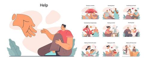 Good action or deed set. Concept of support and kindness sharing vector