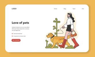 Character walking with a dog web banner or landing page. Happy woman vector