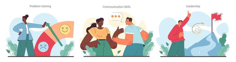 Soft skills set. Employees with communication and effective teamwork vector