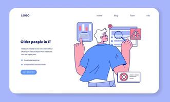 Senior developer web banner or landing page. Oldman programming vector